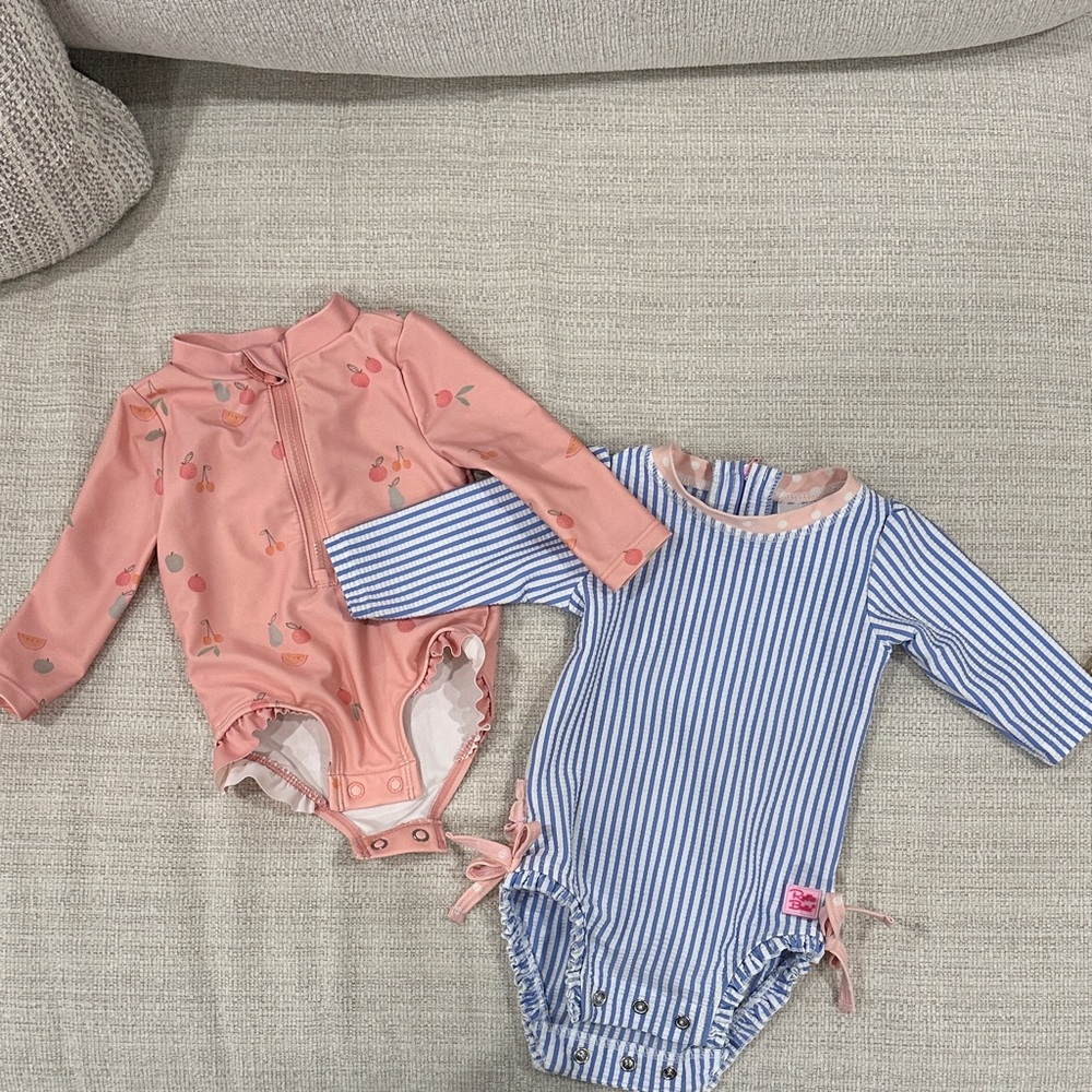 Ruffle Butts Blue Striped Baby Swim Piece with Matching